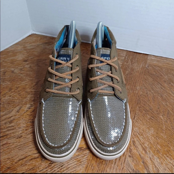 Sperry Womens Top-Sider Shoes Sz 5.5 Sequins Olive Green Hightops Lace Up. - Picture 6 of 9